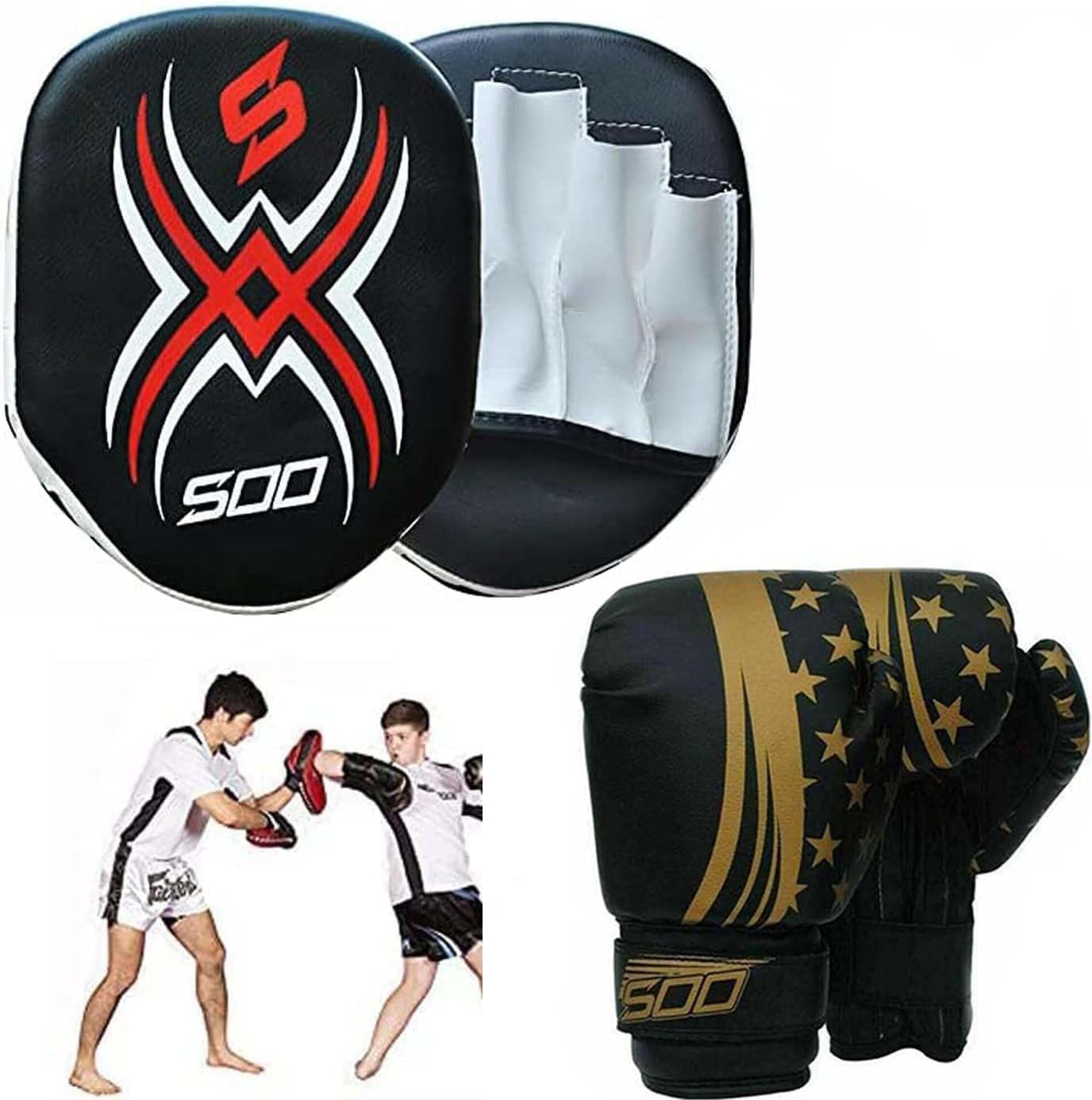Kids Junior Focus Pads Set Hook & Jabs Pads Coaching Pad Pro Boxing Mitts Sparing Gloves Punching MMA Karate Training Mitten Target Hand Striking Shield (Gold/Black)