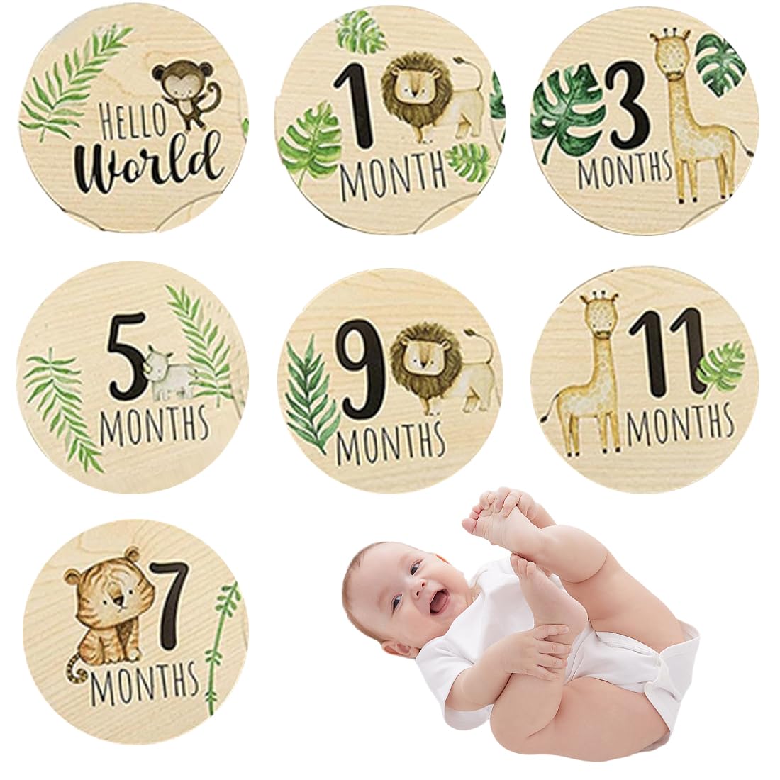 XUKZIMA 7 Packs Baby Monthly Milestone Cards Signs Welcome Newborn 1-12 Months Reversible Wooden Circles Discs with Cute Print Pregnancy Journey Birth Sign Photography Prop