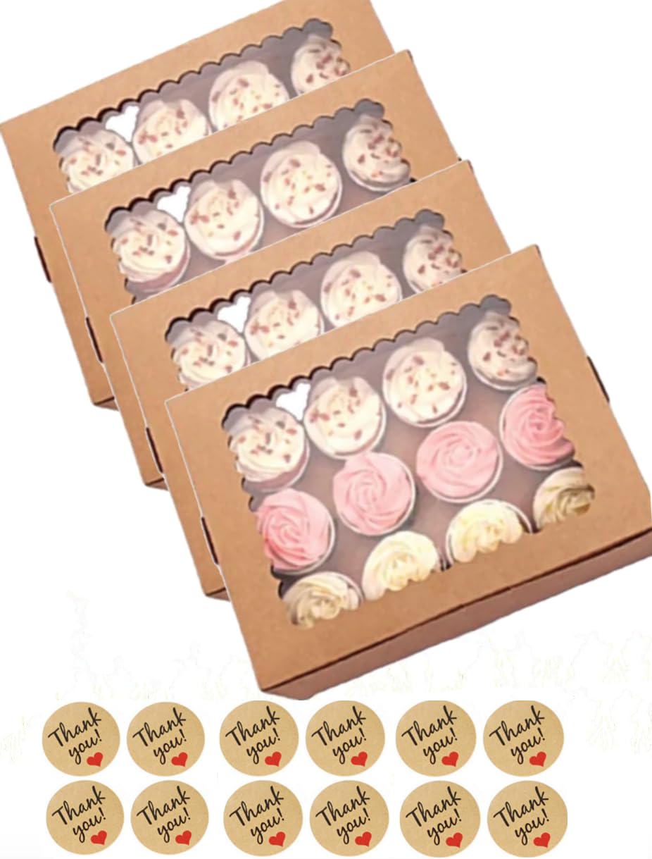 UNIQU Cupcake Boxes 12 Cavity Auto Pop Up with Window and Inserts, Kraft Bakery Cookie Boxes Cupcake Containers with Sealing Stickers (20 Pack, Brown)