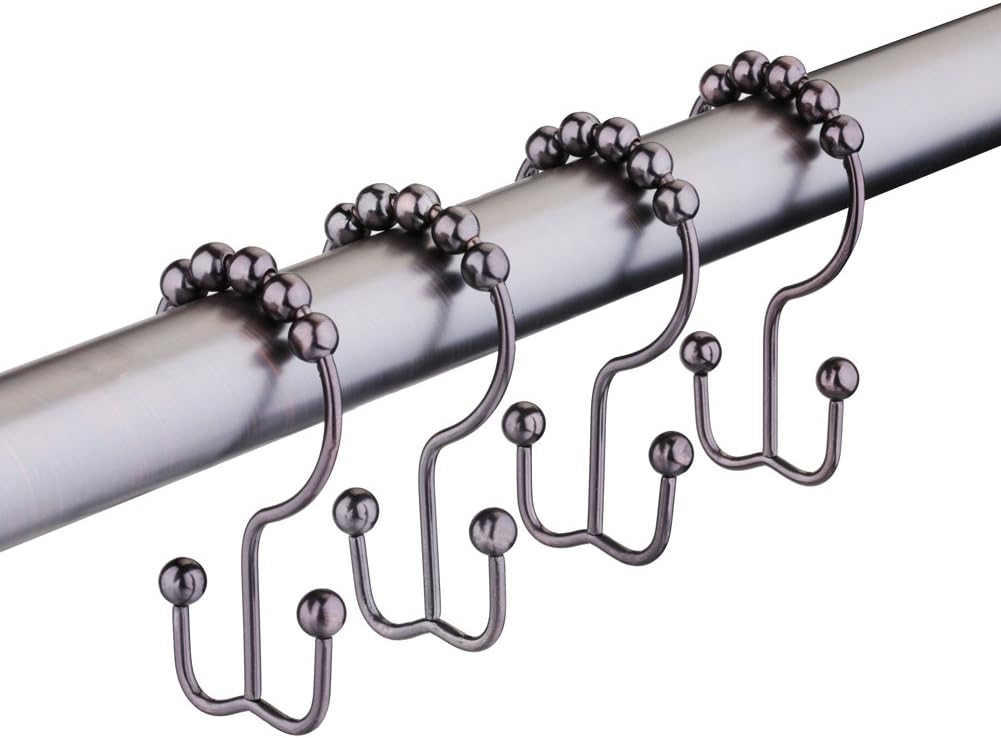 TENOVEL Rust Proof Stainless Steel Heavy Duty Roller Ball Double Shower Curtain Hooks, Brushed Bronze,Set of 12 Hooks