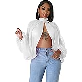 Women's Sexy See Through Chiffon Sheer Lantern Sleeve Front Back Open High Neck Self Tie Casual Shirts Blouses Tops