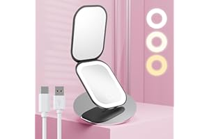 Benbilry Lighted Compact Travel Mirror with 3 Color Lights, 1X/3X Magnifying Ultra Slim Rechargeable Pocket Mirror for Purse, 2-Sided, Handheld, Folding, Portable, Black