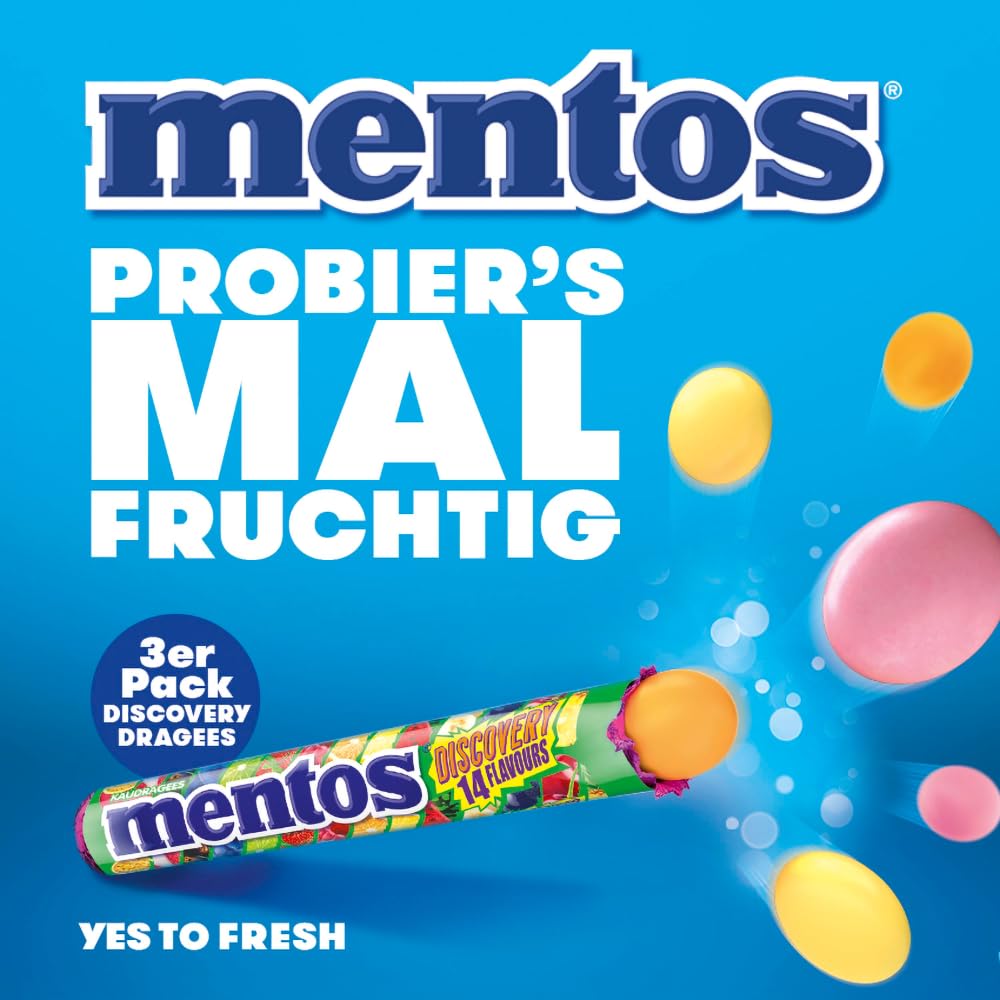 Mentos Dragees Discovery, Optimal-saure Frucht-Bonbons mit 14 Flavours, fruchtig-spritzige Kaubonbons, Optimaligkeiten 3er Pack (3 Rollen), vegan 2