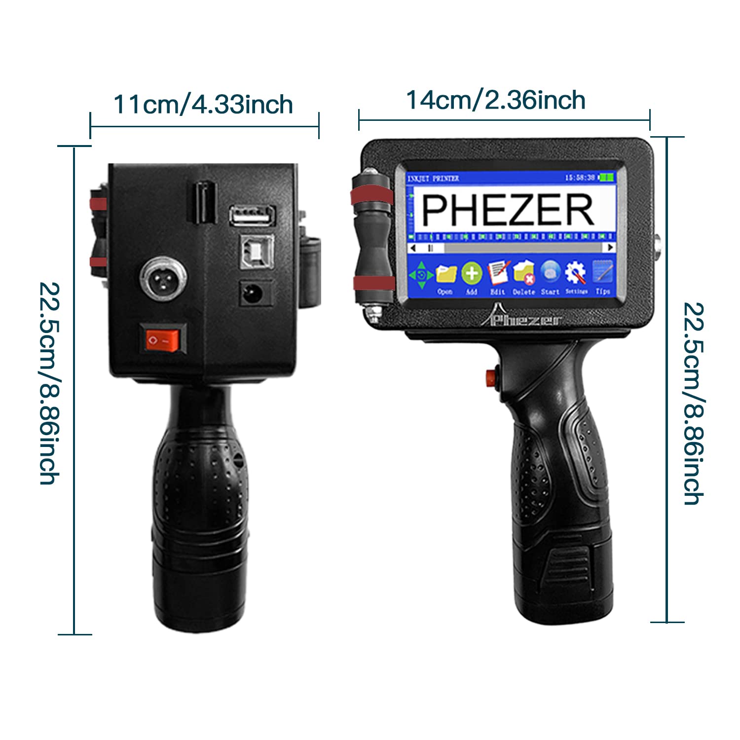 Phezer Portable P16-1 Handheld Inkjet Printer, Printing Height (0.08-1 Inch) with 4.3