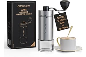 CIRCLE JOY Portable Manual Coffee Grinder with Ceramic Conical Burr and 40 External Adjustable Settings, Stainless Steel Hand Coffee Grinder for Camping, Travel and Espresso, Silver