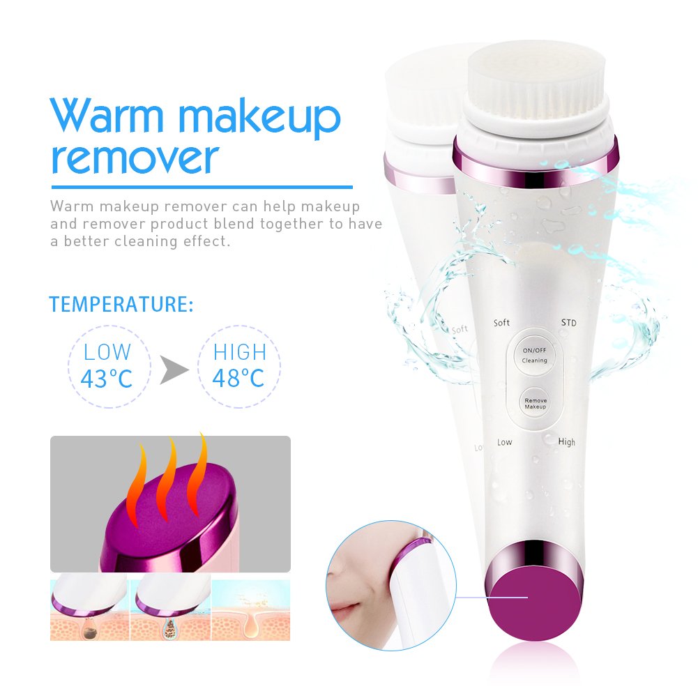 Vibrating Sonic Facial Cleansing Brush Waterproof Electric Face Washing Machine with 3 Brush Heads 1 Remover Head for Deep Makeup Remover Pore Cleaning Facial Care-Bonus A Cleansing Brush Holder