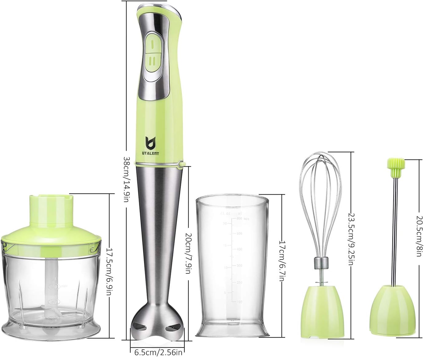 Immersion Hand Blender, Utalent 5-in-1 8-Speed Stick Blender with 500ml Food Grinder, BPA-Free, 600ml Container, Milk Frother, Egg Whisk, Puree Infant Food, Smoothies, Sauces and Soups - Green: Kitchen & Dining