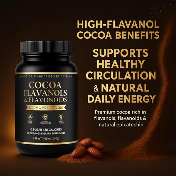 HIGH-FLAVANOL COCOA POWDER SUPPLEMENT –RICH IN NATURAL COCOA FLAVONOIDS & EPICATECHIN BLEND, VEGAN, NON-GMO, NO SUGAR ADDED, SUPPORTS DAILY VITALITY, 7.05 OZ