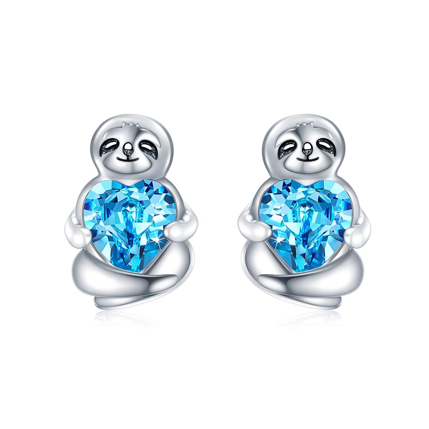 Sterling Silver Sloth Stud Earrings with Heart Crystals, Birthday Sloth Gifts for Women Girls Her (Blue) — image 1