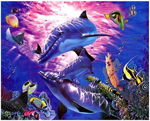 Eletty Dreamlike Blue Loving Dolphins Theme Canvas Diamond Embroidery Painting Rhinestone Dazzling 5D Pasted Cross Stitch Resin Craft Lively For Your Rooms (J)
