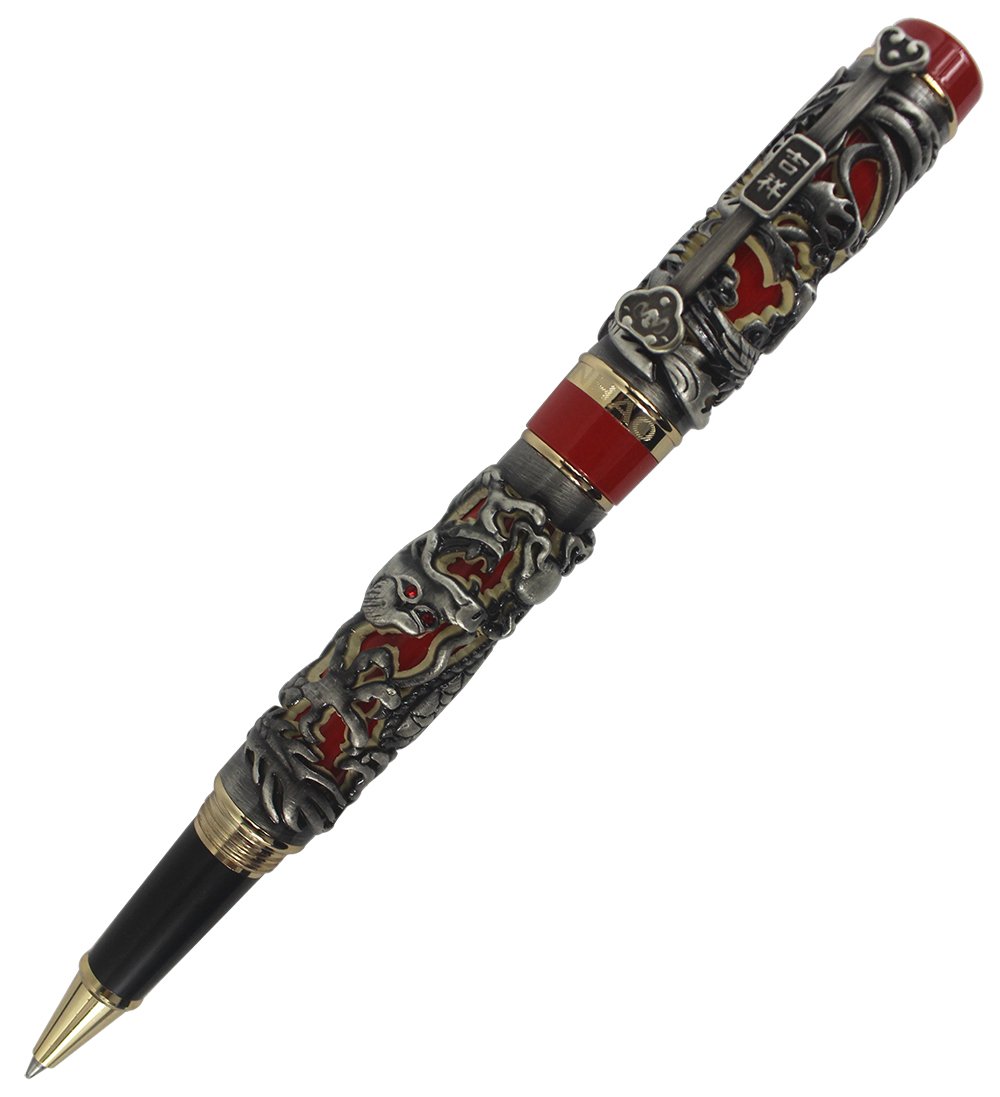 Abcsea Collectible Luxury Carved Dragon and Phoenix Rollerball Pen - Antique Silver & Red