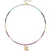 KissYan Beaded Initial Necklace, 14K Gold Plated Bubble Letter Pendant Rainbow Gemstone Choker Colorful Summer Beach Jewelry for Women Girls