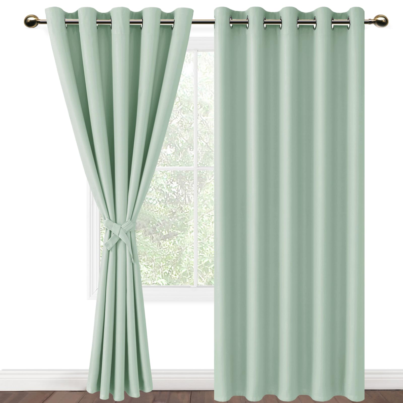 DWCN Blackout Curtains with Tiebacks for Bedroom Thermal Insulated Solid Eyelet Curtains for Living Room,2 Panels,66" Wide x 90" Drop Bean Green