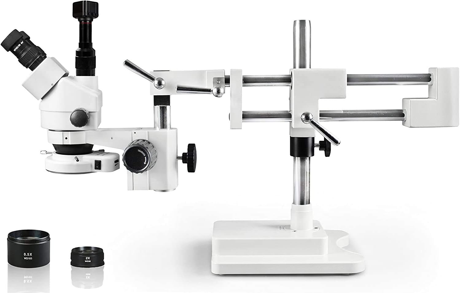 Vision Scientific Simul-Focal Trinocular Zoom Stereo Microscope, 10x Widefield Eyepiece, 0.7X—4.5X Zoom Range, 7X—45x Magnification Range, Double Arm Boom Stand 5MP WiFi Digital Camera