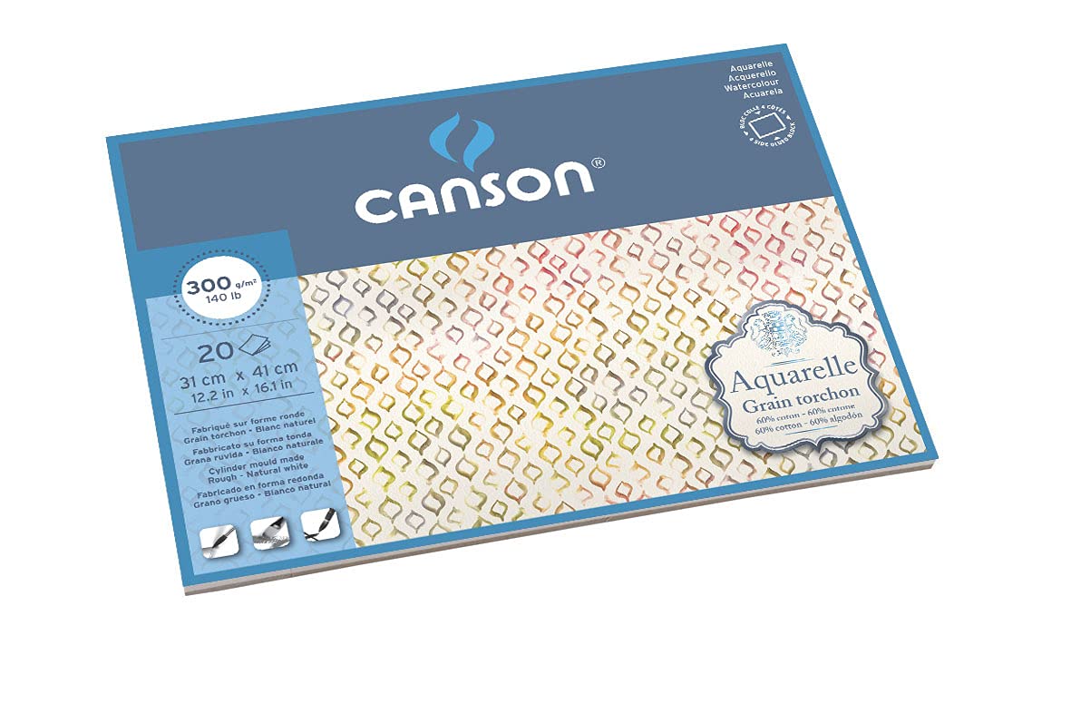 CANSON Aquarelle Watercolour Rough 300gsm Paper, Block Glued 4 Sides, 31x41cm Natural White 20 Sheets, For Professional Artists