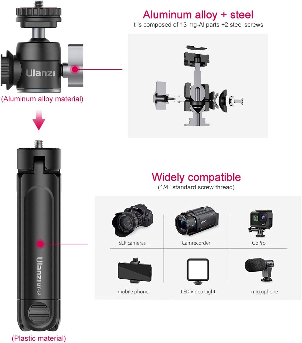 ULANZI Mini Camera Tripod with 360° Ball Head & Cold Shoe, Extendable Small Selfie Stick Tabletop Tripod Stand Handle Grip for Camera iPhone 11 Canon G7X Mark III Sony ZV-1 RX100 VII A6600 Vlogging: Camera & Photo