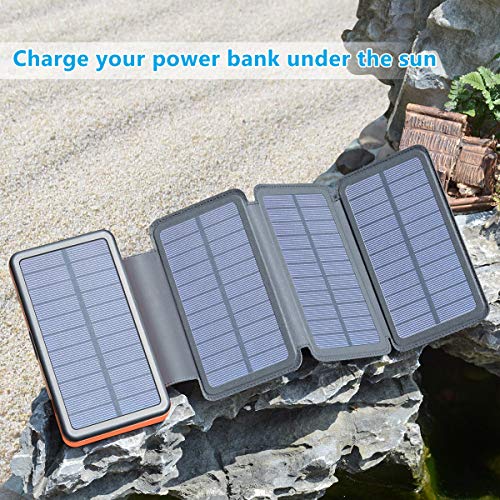 Solar Charger 25000mAh, SOARAISE Power Bank with 4 Solar Panels and Type-C Port Waterproof Battery Pack for Smartphone, Tablet and Camping