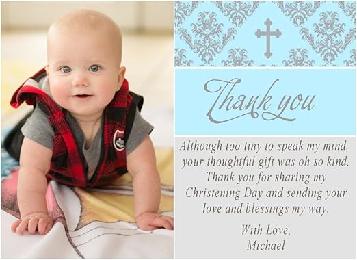 30 Biglietti Di Ringraziamento Per Il Battesimo Del Ragazzo Comunione Blu Argento Con Foto Personalizzate Buste Amazon It Casa E Cucina