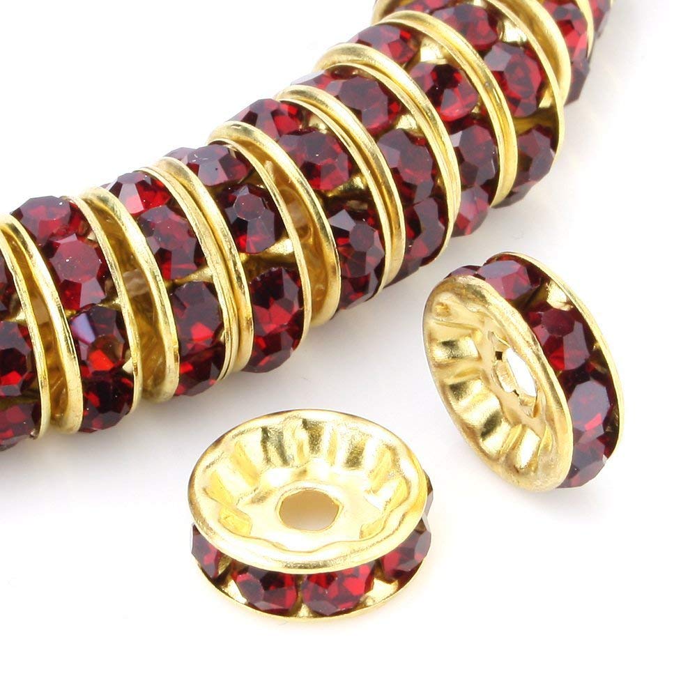 RUBYCA 100pcs Round Rondelle Spacer Bead Gold Tone 8mm Dark Red Czech Crystal โ image 1