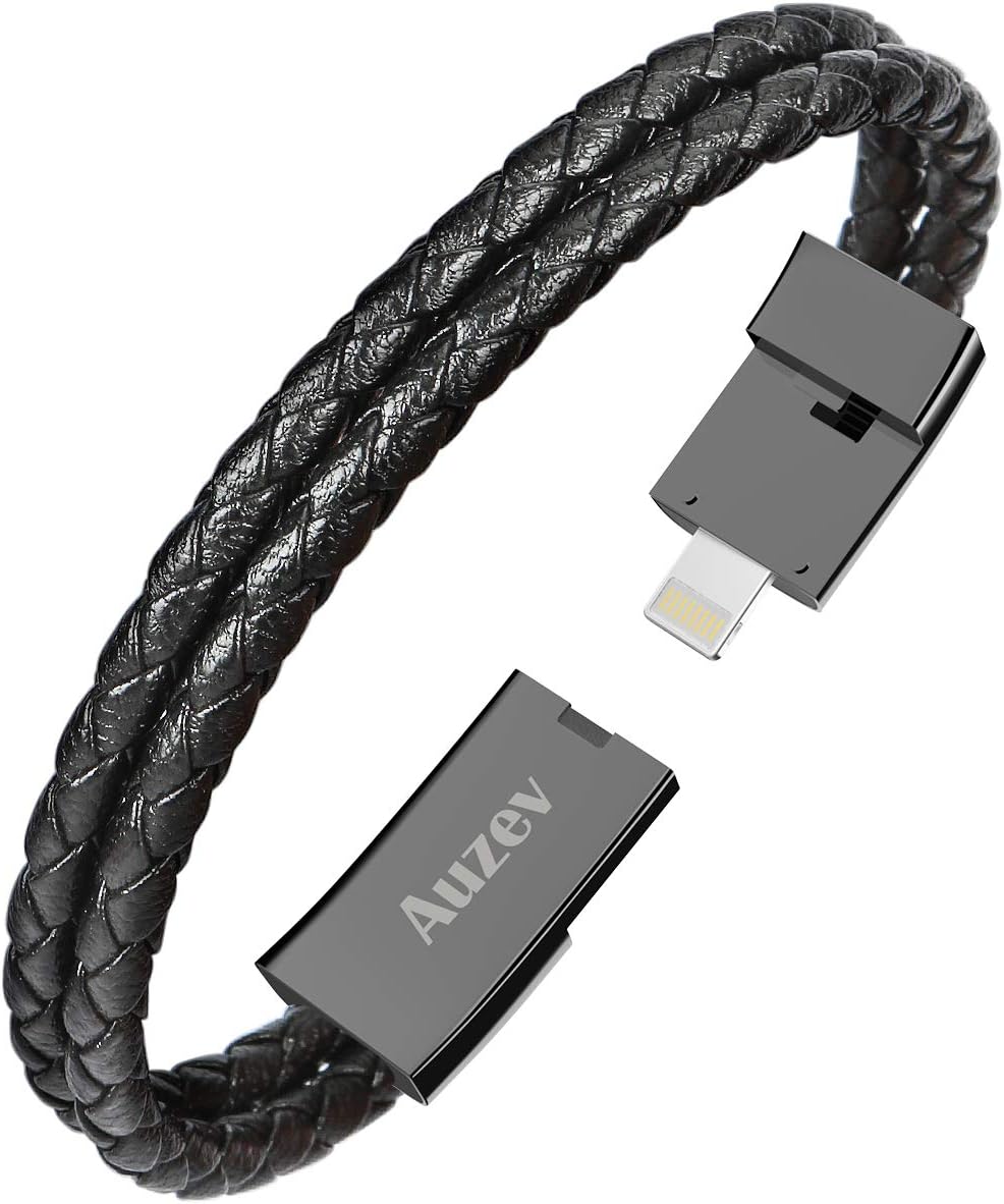 Auzev USB Charging Bracelet Cable Fashion Double Braided Leather Wrist Data Charger Cord (Black L（8.2"）)