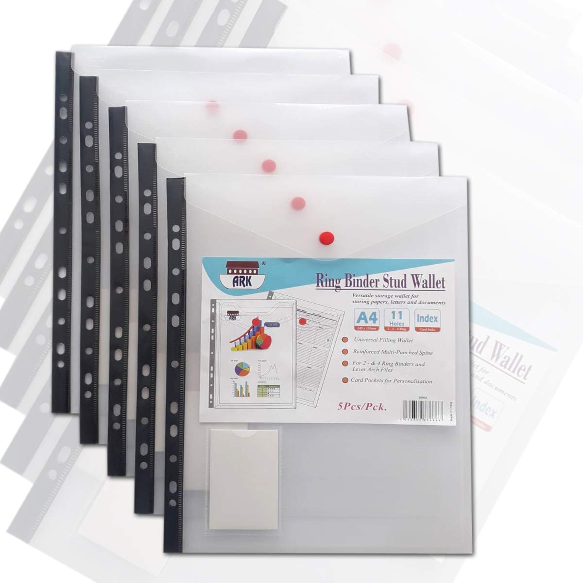 ARK A4 Polypropylene Popper Wallet with Press Stud - Clear [PK-5] (Portrait - 36868)