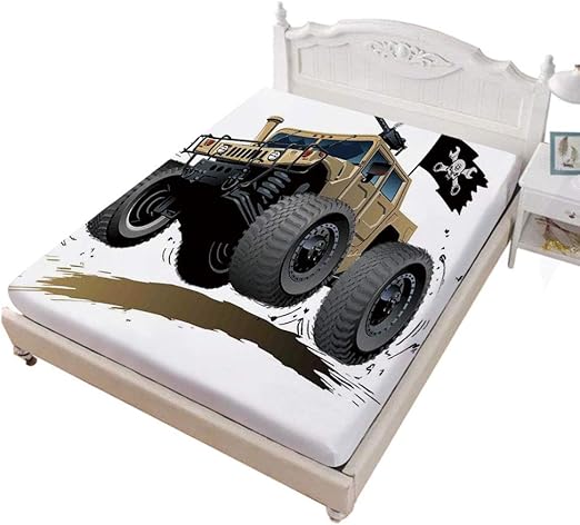 Amazon Com Queen Size Fitted Sheet Worldwide Off Road Famous Safari Rally Truck With Skull Pirate Flag Camouflage Design Bed Cover With All Round Elastic Deep Pocket For Oversized Mattress Grey Brown Home Kitchen