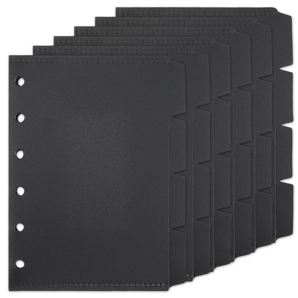 SUPERFINDINGS 6 Sets 24 Sheets 4.84x3.58inch 6-Holes PP Binder Dividers Black Index Tabs Rectangle Notebook Index Dividers Insertable Index Page Tab Cards for Diary Binder