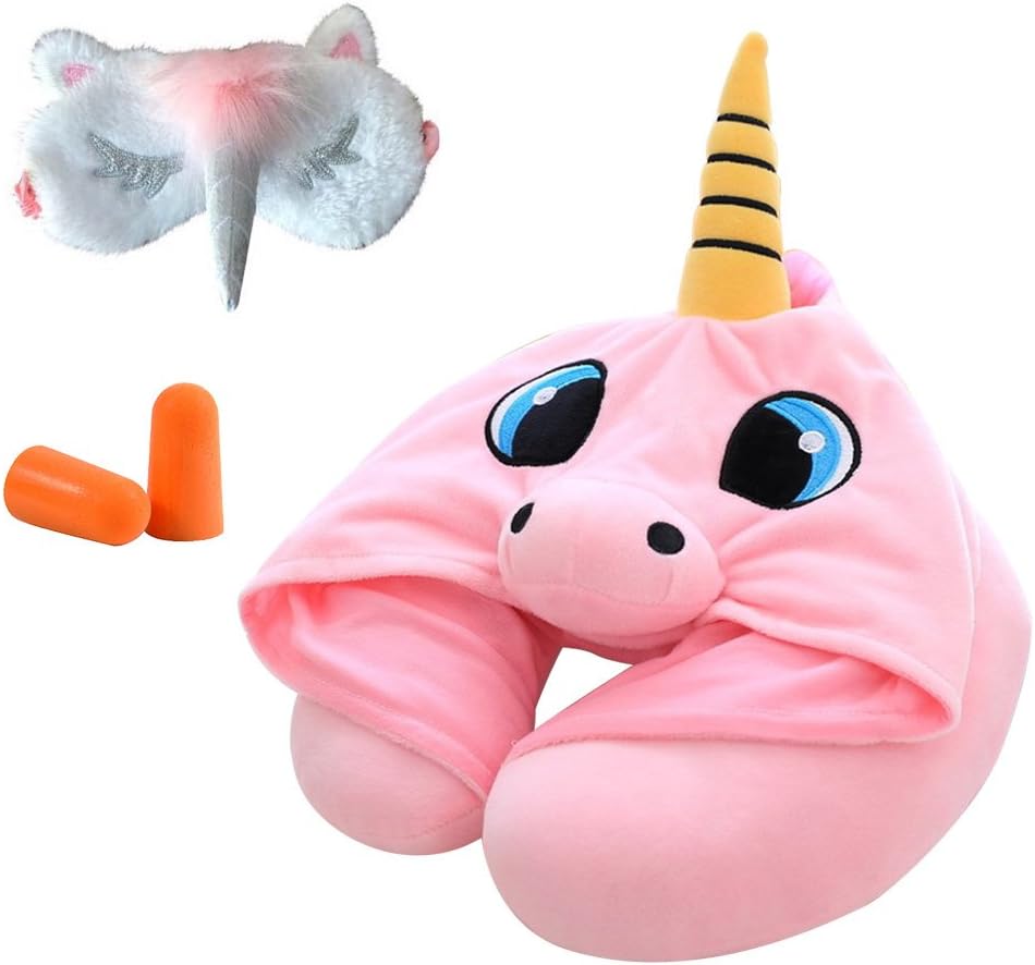 HADM Animal Hooded Unicorn Travel Neck Pillow U Shape Airplane Pillow with Rainbow Unicorn Sleeping Eye Mask and Earplug