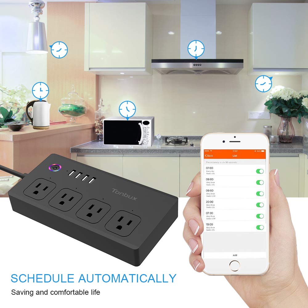 WiFi Smart Power Strip Surge Protector 1700 Joule with Switch 4 Outlets 4 Charge USB Ports and 5-Foot Extension Cord, App Control Your Devices from Anywhere Anytime (Black)