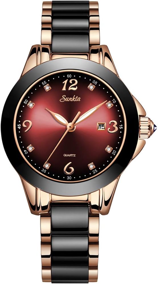 SUNKTA Womens Watches Waterproof Analogue Quartz Ceramics Wrist Watch Fashion Elegant Watch Business Black Clock