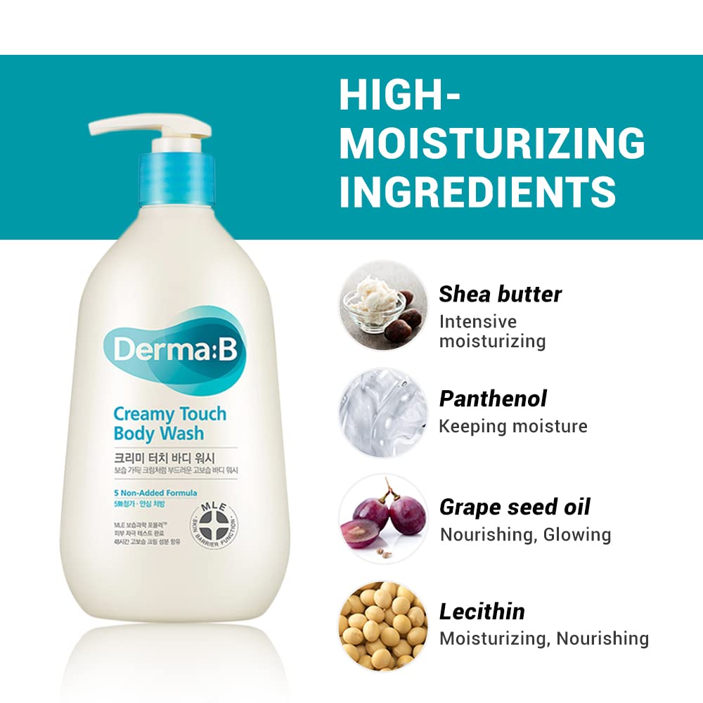 Derma B Creamy Touch Body Wash, Long-Lasting Mild Moisturizing Cleanser, Intensive Nourishing with Shea Butter, Grape Seed Oil, Panthenol, Relaxing Scented Shower Gel, Kbeauty, 13.5 Fl Oz, 400ml