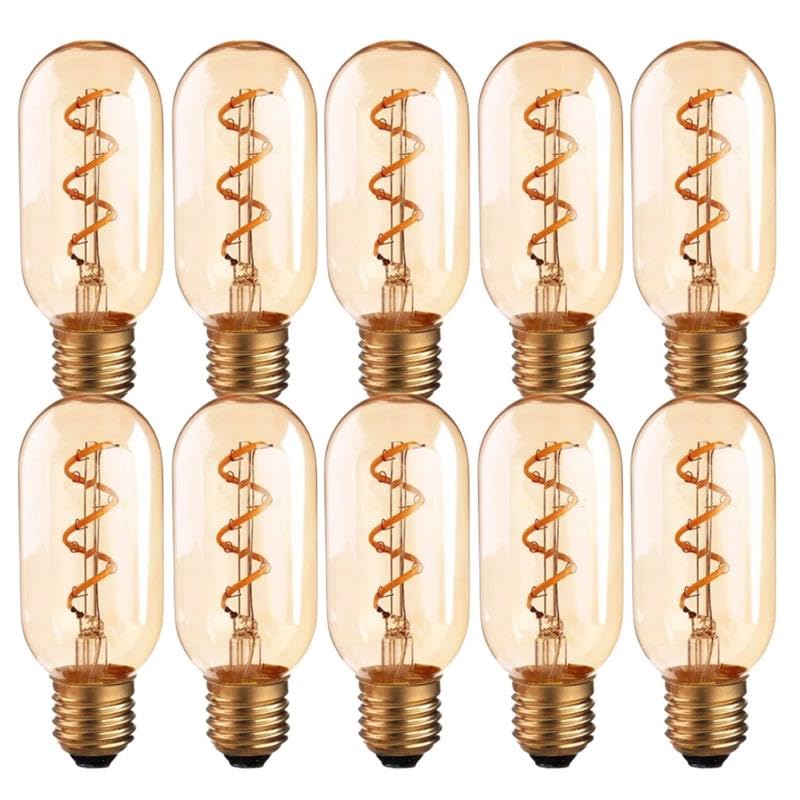 Pack-10, Vintage LED E27 Tubular Bulb, T45 4W (40W Equivalent) Warm White 2700K Non-Dimmable LED Spiral Filament Energy Saving Bulb for Home Living Dining Area Lighting Decorative [Energy Class A]