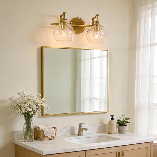 ANDY STAR GOLD BATHROOM LIGHT FIXTURES, 2-LIGHT BRASS VANITY LIGHT, MODERN SCONCES WITH GLOBE CLEAR LAMPSHADE, FARMHOUSE BATHROOM LIGHTING FIXTURES OVER MIRROR WITH METAL LAMP BODY, E26 BASE