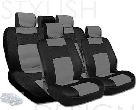 Amazon Yupbizauto プレミアムグレード合成皮革 ブラックメッシュ生地カーシートカバー ユニバーサルサイズ エアバッグ対応 60分割タイプシートとカップホルダーに対応 お手入れと取り付けが簡単 グレー シートカバー 車 バイク