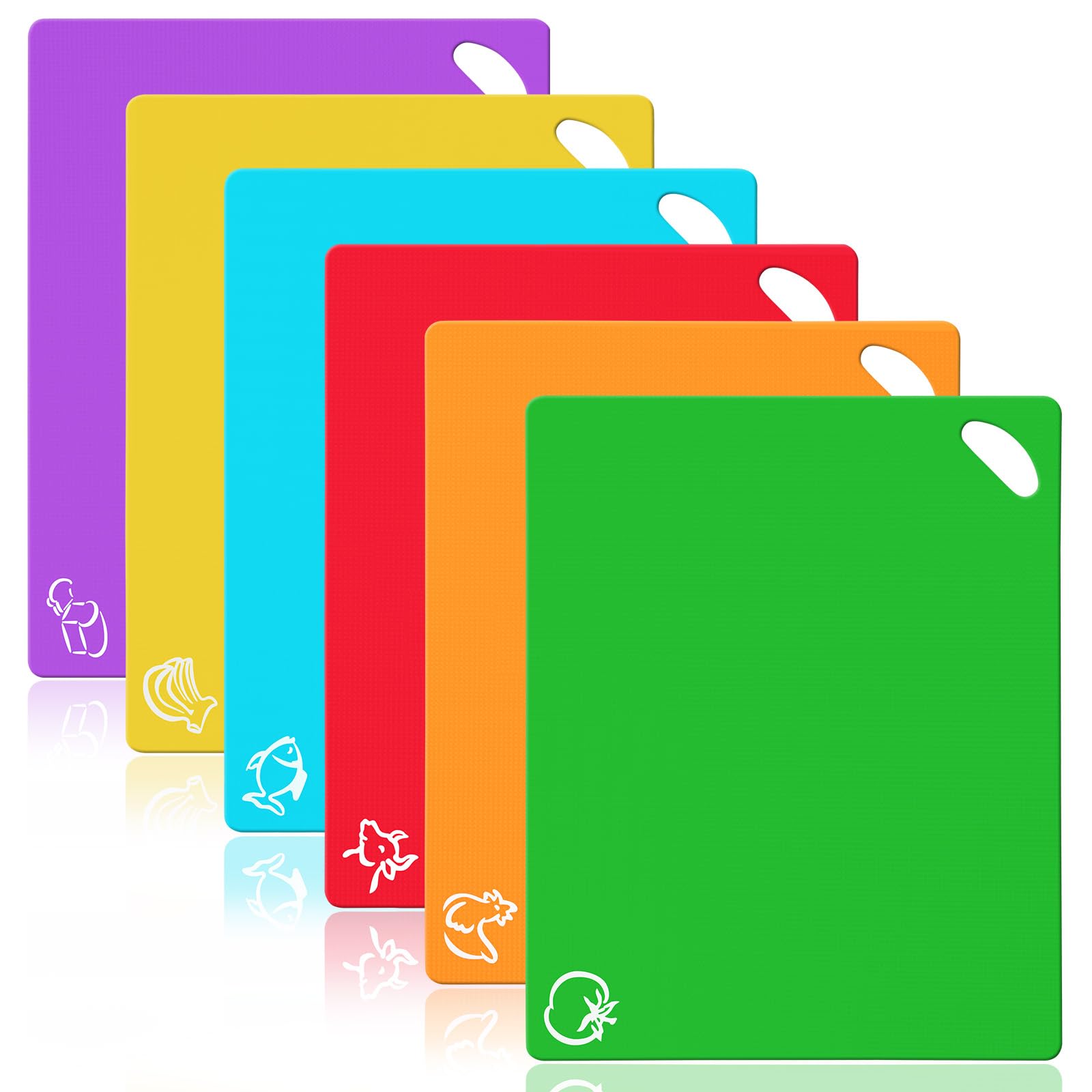 Vicloon Plastic Chopping Board Set, 6Pcs Flexible Kitchen Plastic Cutting Board Mats with Food Icons, Non Slip Antimicrobial Easy Hanging Boards, Dishwasher Safety