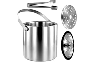 Ice Bucket with Lid, Strainer & Tong, Double Walled Insulated Stainless Steel Ice Bucket, 2.0L/3.0L Good Sealing Insulated Ic
