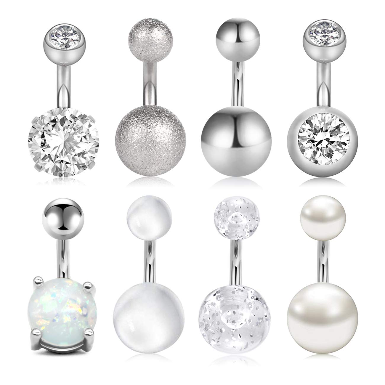 AceFun 8PCS 14G Belly Button Rings Navel Barbell 6mm Short Belly Rings Banana Barbell Body Jewelry Piercing 8 Style Silver Pack