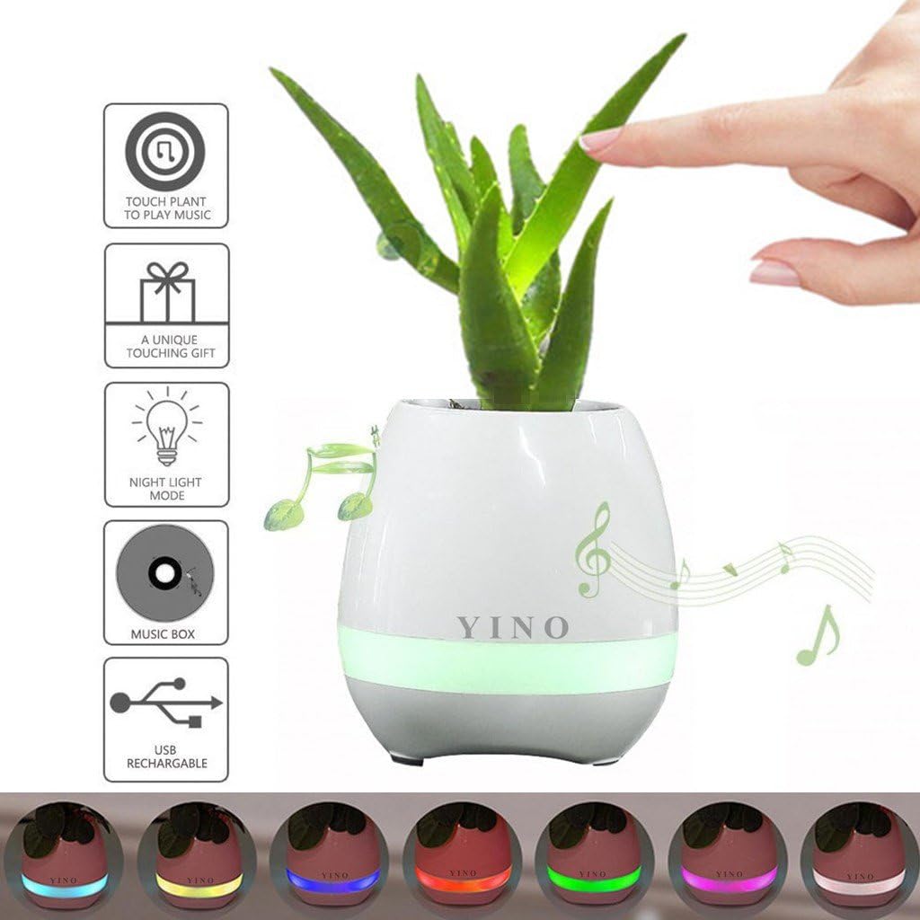 YINO Bluetooth Music Vase Flowerpot,Bluetooth Speaker Rechargeable Planter,7 Colors LED Night Light,Touch Playing the Piano (White)