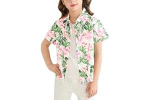 Cudtum Boy Girl Hawaiian Shirt Tropical Button Down Blouse Summer Casual Beach Shirt Kid Short Sleeve Top Size 5-14 Years