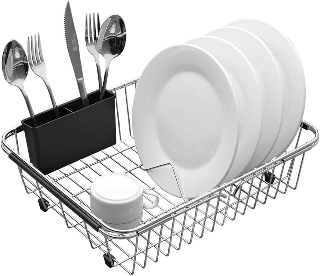 Expandable Dish Drying Rack, 304 Stainless Steel Over Sink Dish Rack, Dish Drainer in Sink or On Counter with Utensil Drying Rack- Rustproof, Large