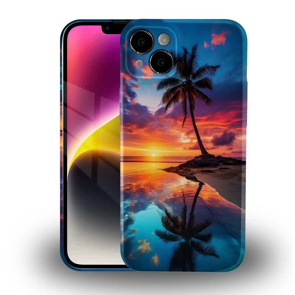 Photo 1 of ZHEGAILIAN Compatible with iPhone 14 Plus Case,Luxury 3D Slim Hard Back Cover Shockproof Protective Case Compatible with iPhone 14 Plus 6.7 inch for Women-Sunset Beach Palm Tree