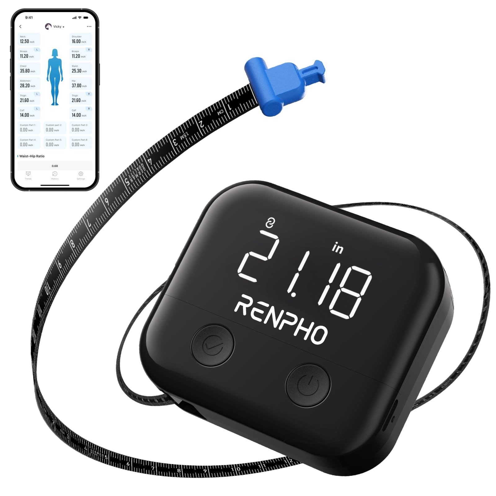 Photo 1 of RENPHO Smart Body Measuring Tape, Rechargeable Tape Measure with LED Display, Measuring Tape for Body Measurements with App for Weight Loss & Fitness Shape, Retractable, 60in /150cm, Black