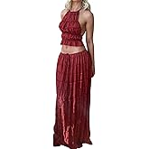 LETSVDO Skirt Sets Women 2 Piece Outfits Backless Halter Top And Pleated Ruffle Flowy Maxi Skirts Y2k Beach Vacation Set