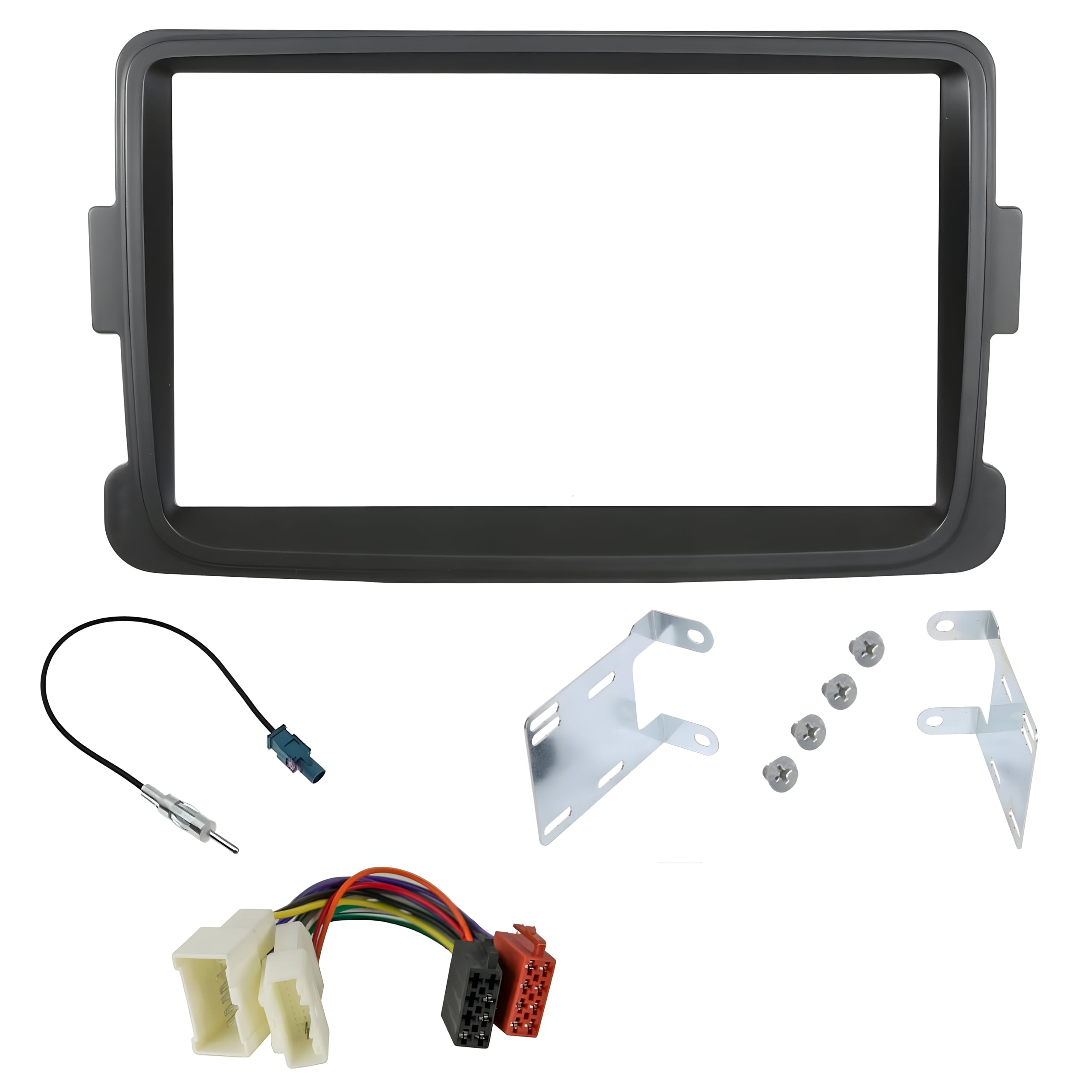 Sound Way Car Radio Mounting Kit, 2 DIN Faceplate Frame with Brackets, Antenna Adapter, ISO Connector Adapter Cable Compatible with Renault Dacia
