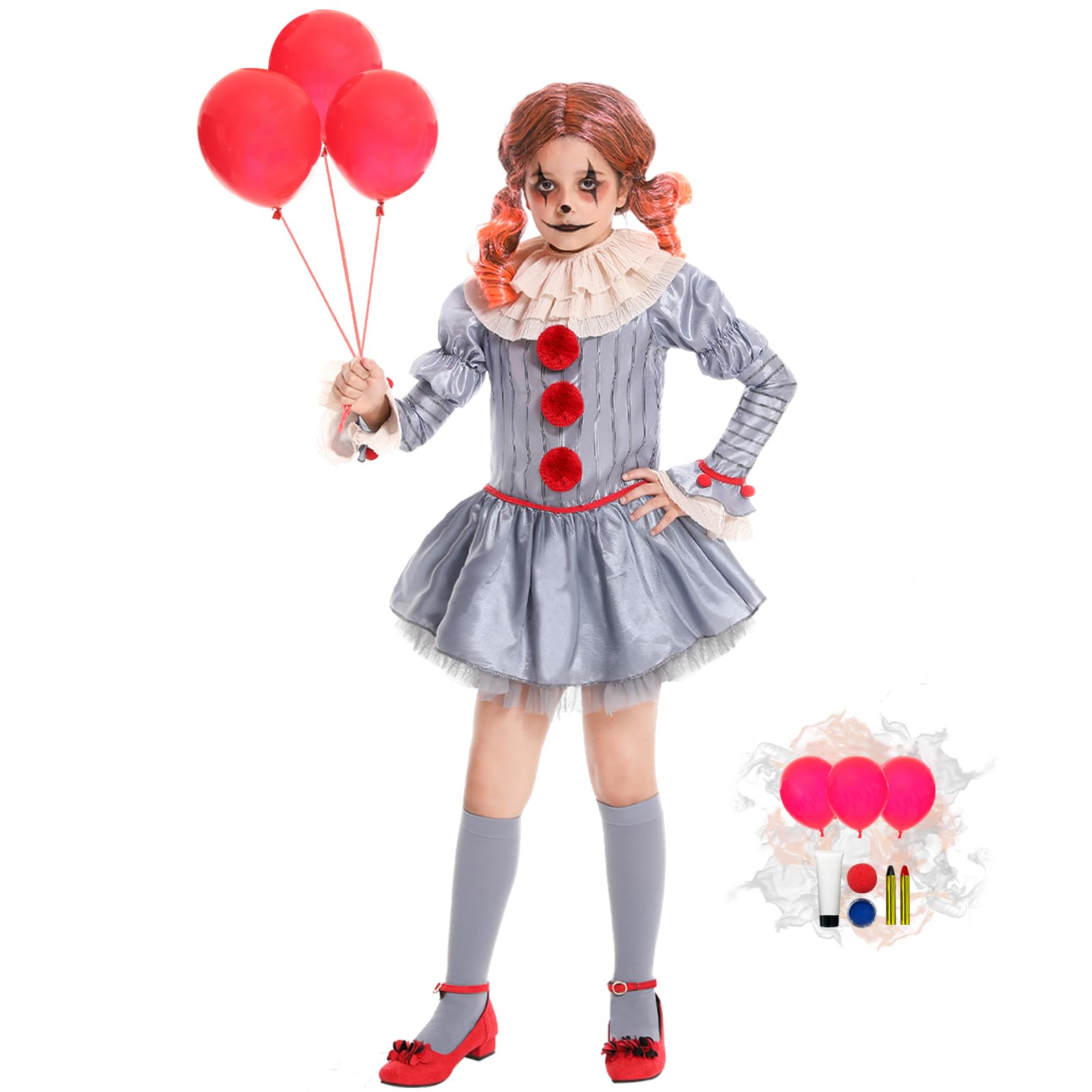 Photo 1 of Fooecor Clown Costume for Girls Halloween Scary Costume kids,Balloons Makeup Kit Included(X-Large)