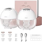 NCVI Wearable Breast Pump Hands Free, Portable Electric Breastfeeding Pump with 1500mAh Battery, Quiet Operation, Smart LED Display, 4 Modes &amp; 9 Levels, 19/21/24mm Flanges, 2 Pack, White