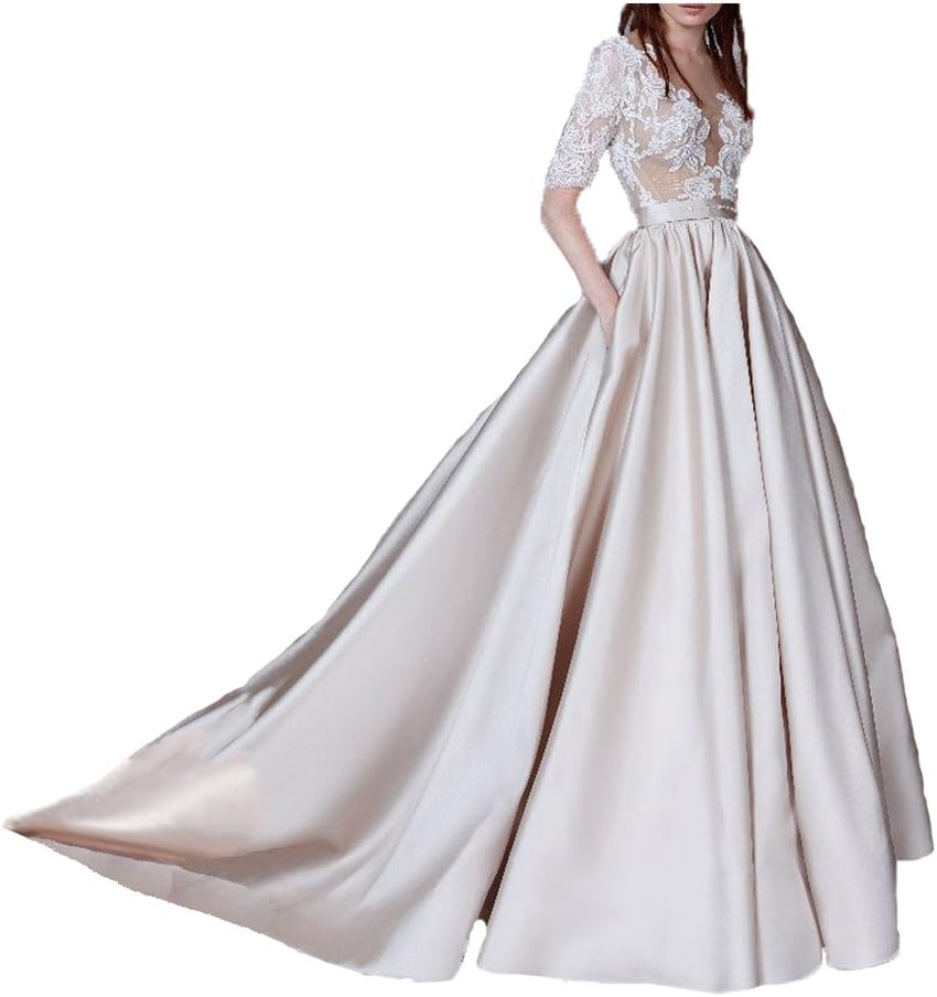 Women Long Lace Elegant Bridal Gowns Half Sleeves Sexy Beach Wedding Dresses for Bride