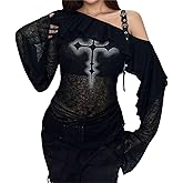 Inpunktoo Goth Off Shoulder T Shirt for Women Y2k Ruffle Fairy Grunge Punk Cute Emo Split Bell Long Sleeve Tops Hippie