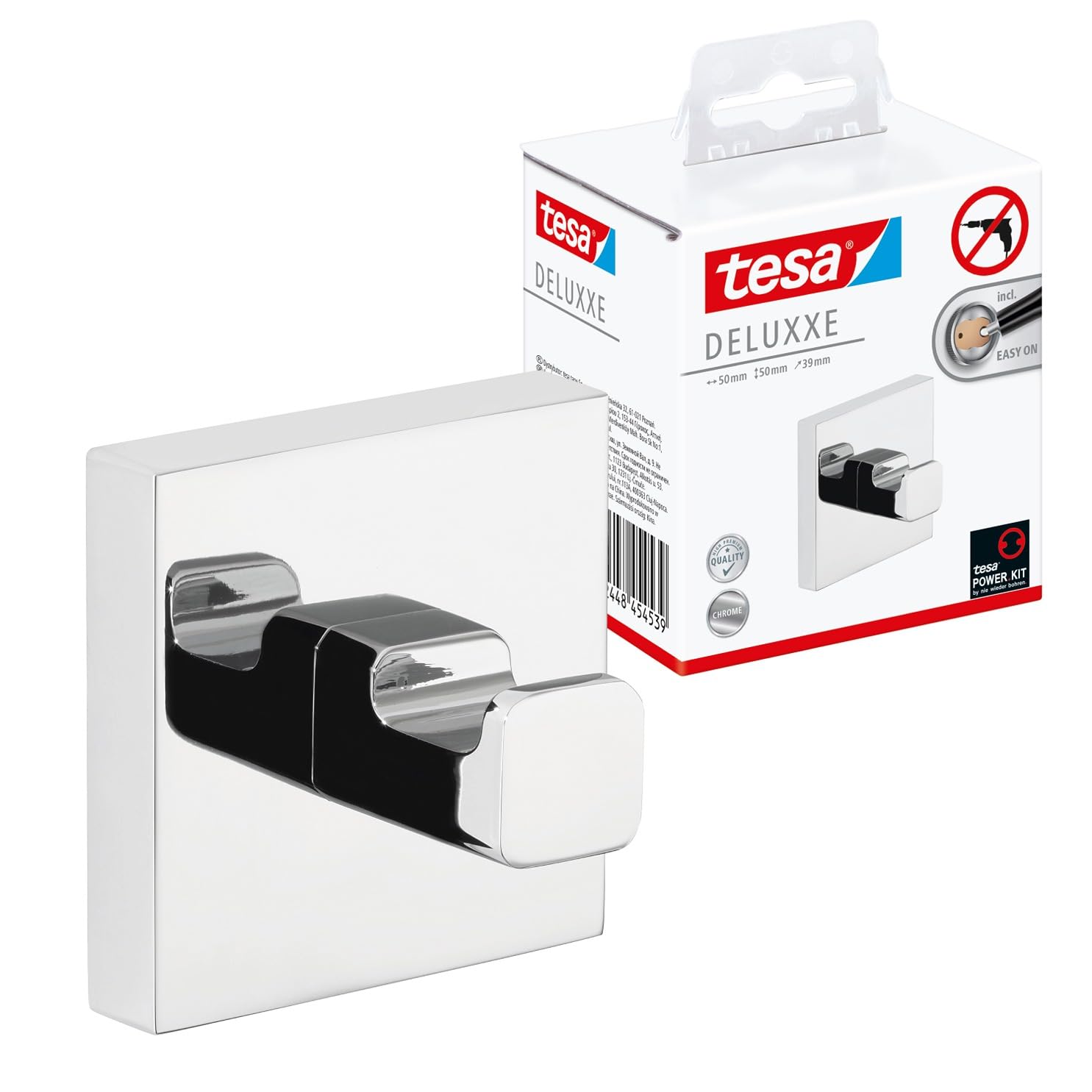 tesa DELUXXE Towel Hook - Self-Adhesive Wall Hook in Stainless-Steel Design - Wall-Mounted Hand Towel Hook - Waterproof, incl. Power.Kit Adhesive Solution - 39 mm x 50 mm x 50 mm