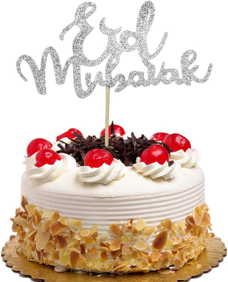 Eid Mubarak Cake Topper, Ramadan Decors, Muslim Islam Decorations for Wedding Baby Shower Birthday Party Supplies Silver Glitter
